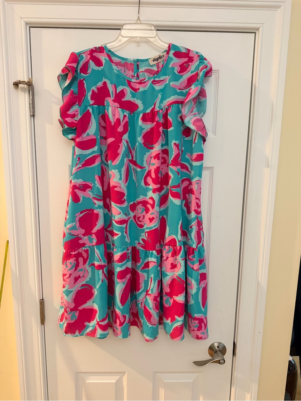 Ladies Size 1X Bright Turquoise and Pink Floral Ruffle-Trim Casual Dress GUC